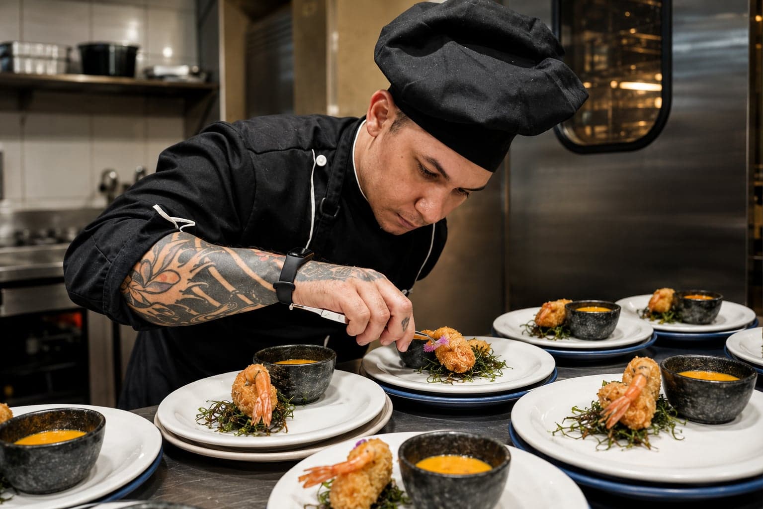 Chef finalizando um camarão empanado com a pinça